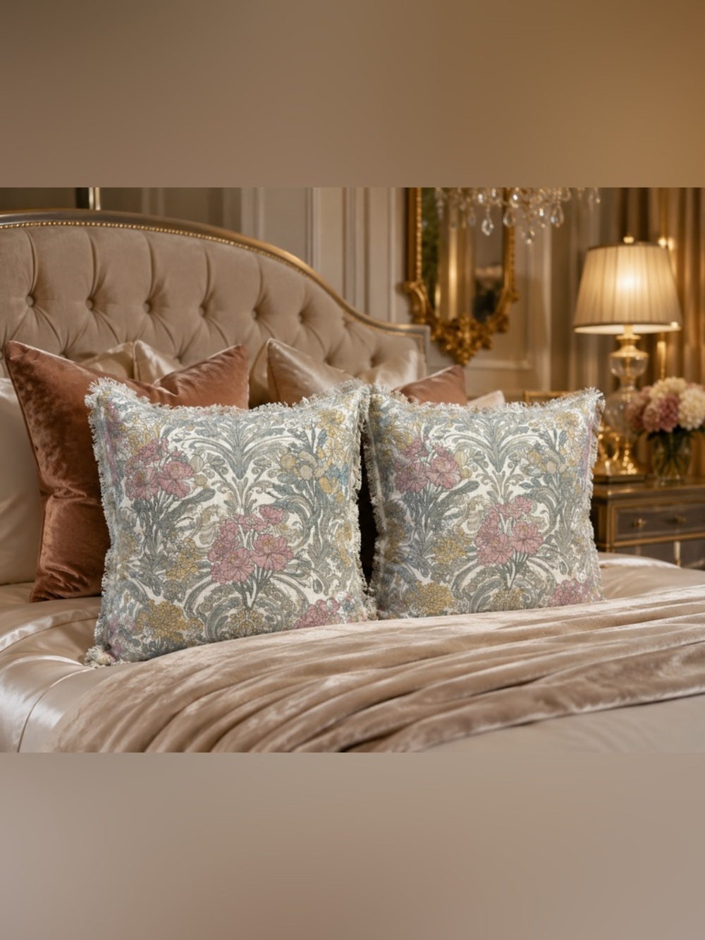 Elegant Floral Decorative Pillow Pair in Pink, Gold and Gray down alternative